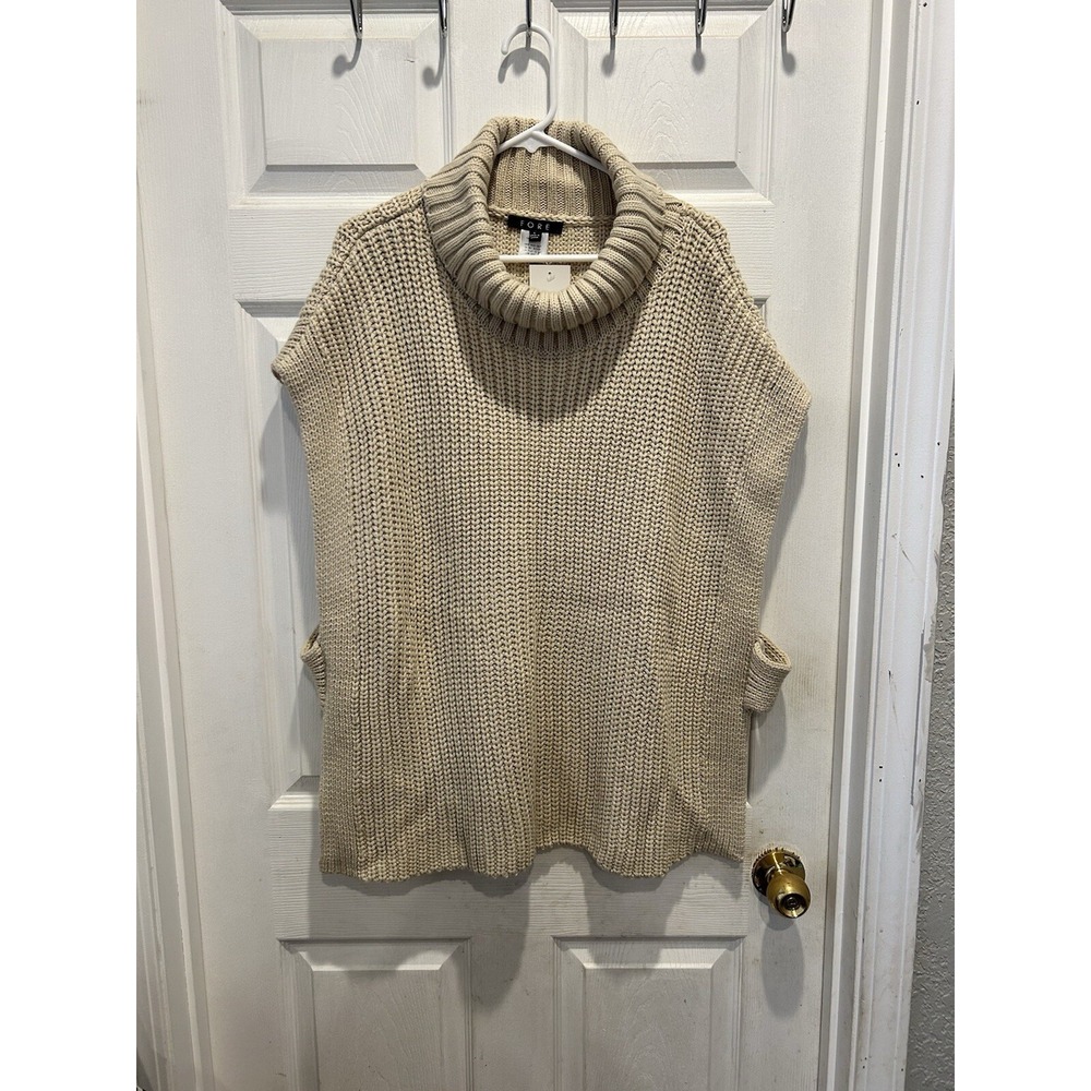 FORE Womens Beige Chunky Knit Turtleneck Poncho Vest Sweater Large NWT Layering
